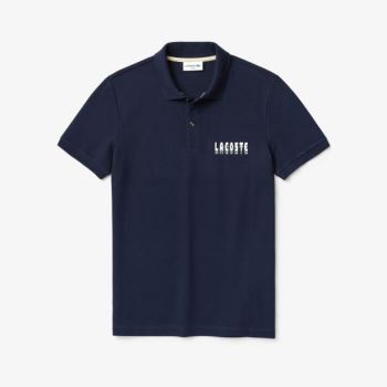 Lacoste 3D-Lettering Slim Fit Stretch Algodão Piqué Polo Azul Marinho Azuis | jGKxffzB