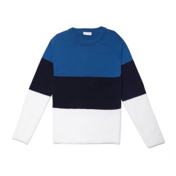 Lacoste Crew Neck Colorblock Algodão, Mohair And Wool Jersey Moletom Branco Azul Marinho Azuis | J1grPkSp