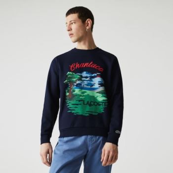 Lacoste Crew Neck Landscape Print Fleece Sweatshirt Azul Marinho Azuis Vermelhas | u4oHcG3u