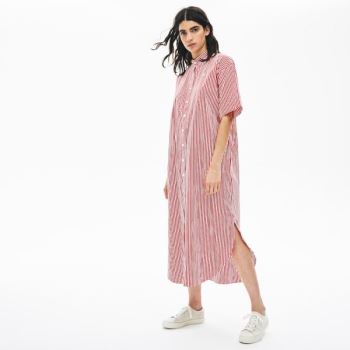 Lacoste LIVE Striped Algodão Maxi Vestidos Branco Vermelhas | QkGJkBcg