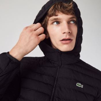 Lacoste Leves Foldable Encapuzado Agua-Resistant Puffer Coat Pretas | N2tmYx89