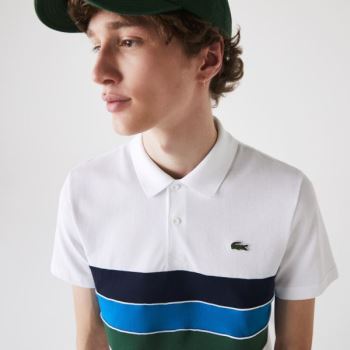 Lacoste SPORT Tricolor Paneled Leves Algodão Polo Shirt Branco Verdes Azuis Azul Marinho Azuis Branco | IdhyncAC