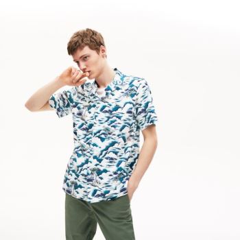 Lacoste Southern France Print Algodão Hawaiian Fit Shirt Azuis Luz Rosa Branco | IP0kl2Df