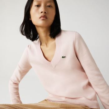 Lacoste V-neck Organic Algodão Moletom Luz Rosa Branco | tMdKhyhG