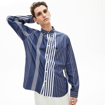 Lacoste Variegated-Stripe Relaxed Algodão Shirt Azul Marinho Azuis Branco | KhG20bAi