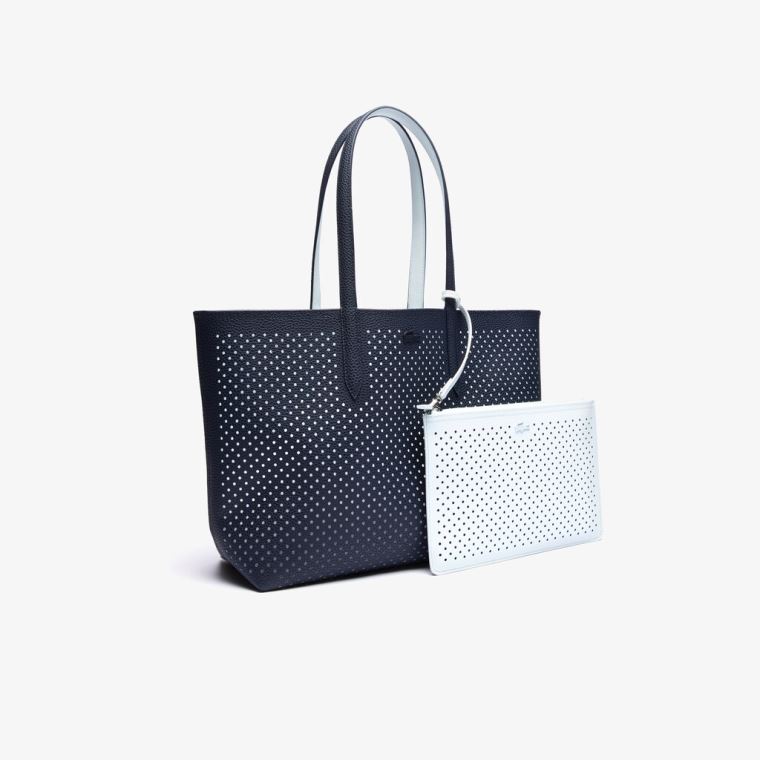 Lacoste Anna Removable Pouch Perforated Reversible Tote Azul Marinho Escuro Branco | HeaJt6m1