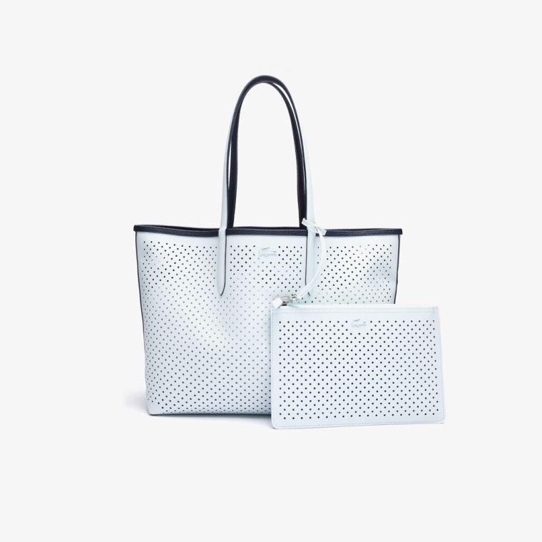 Lacoste Anna Removable Pouch Perforated Reversible Tote Azul Marinho Escuro Branco | HeaJt6m1