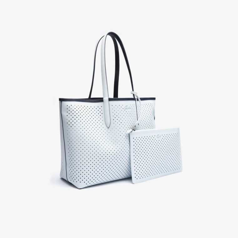 Lacoste Anna Removable Pouch Perforated Reversible Tote Azul Marinho Escuro Branco | HeaJt6m1