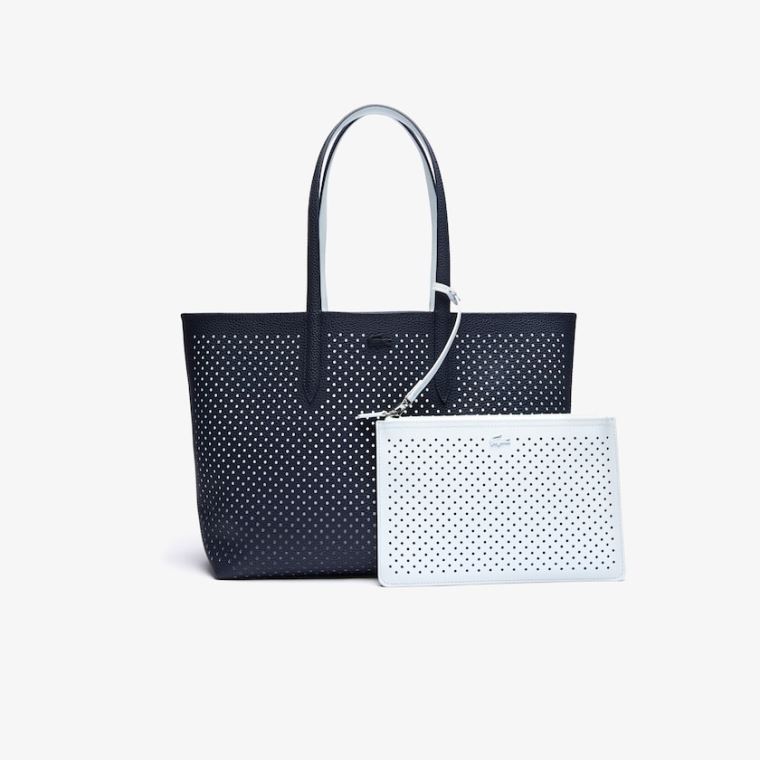 Lacoste Anna Removable Pouch Perforated Reversible Tote Azul Marinho Escuro Branco | HeaJt6m1