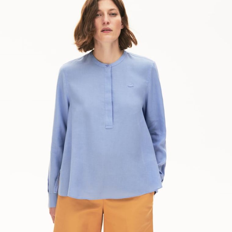 Lacoste Buttoned Mao Collar Linen Blouse Roxo | igagqPWL