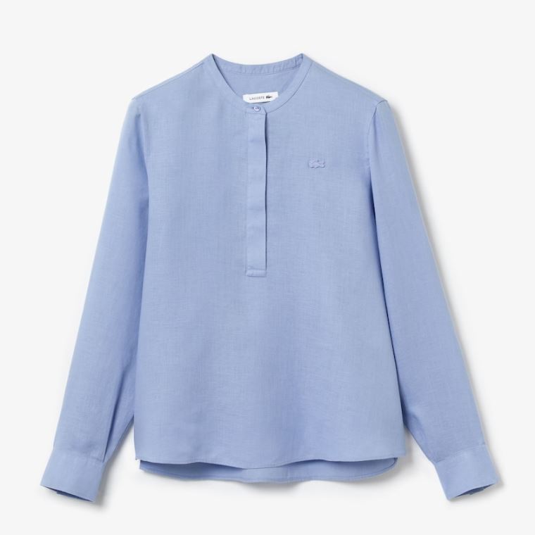 Lacoste Buttoned Mao Collar Linen Blouse Roxo | igagqPWL