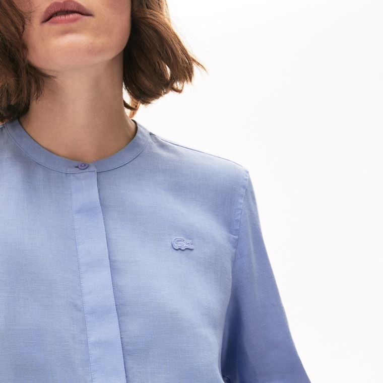 Lacoste Buttoned Mao Collar Linen Blouse Roxo | igagqPWL