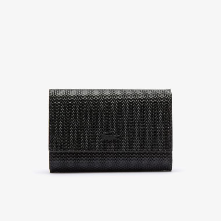 Lacoste Chantaco Matte Piqué Couro Snap Flap Wallet Pretas | Y2DER0iW