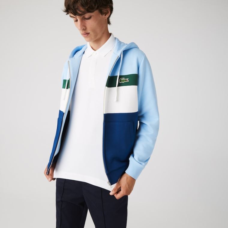 Lacoste Colorblock Fleece Zippered Encapuzado Sweatshirt Azuis Branco Verdes Azuis | qPZFd5s0