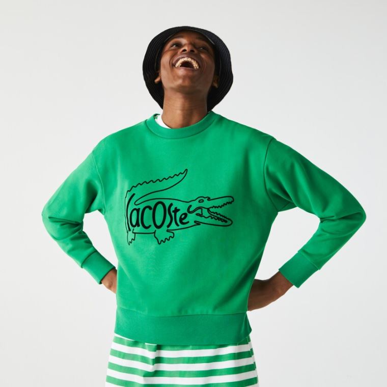 Lacoste Crew Neck Crocodile Print Algodão Fleece Sweatshirt Verdes | JQKPYH5q