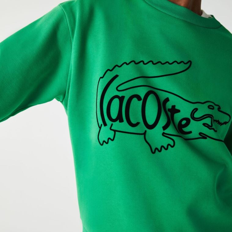 Lacoste Crew Neck Crocodile Print Algodão Fleece Sweatshirt Verdes | JQKPYH5q