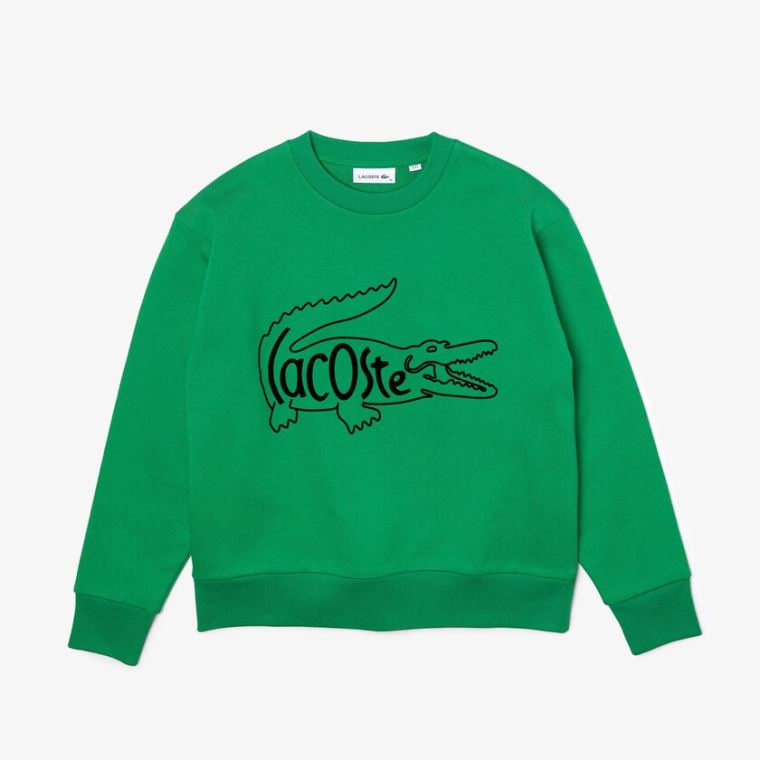 Lacoste Crew Neck Crocodile Print Algodão Fleece Sweatshirt Verdes | JQKPYH5q