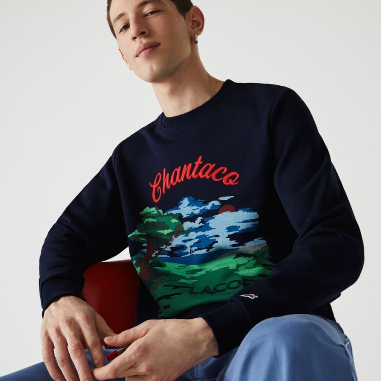 Lacoste Crew Neck Landscape Print Fleece Sweatshirt Azul Marinho Azuis Vermelhas | u4oHcG3u