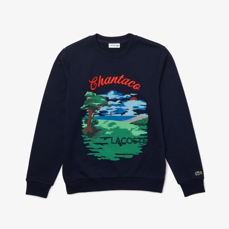 Lacoste Crew Neck Landscape Print Fleece Sweatshirt Azul Marinho Azuis Vermelhas | u4oHcG3u