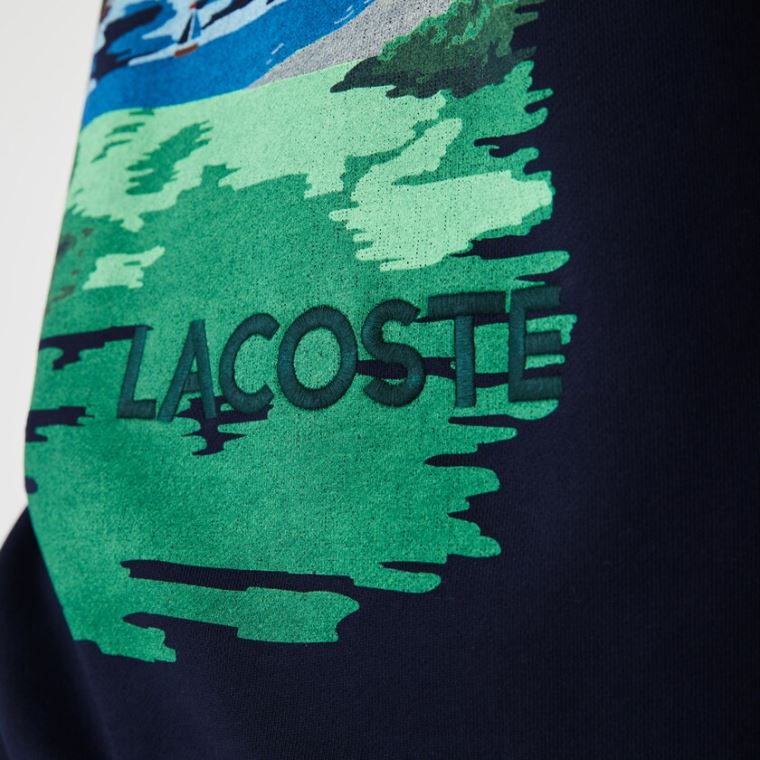 Lacoste Crew Neck Landscape Print Fleece Sweatshirt Azul Marinho Azuis Vermelhas | u4oHcG3u