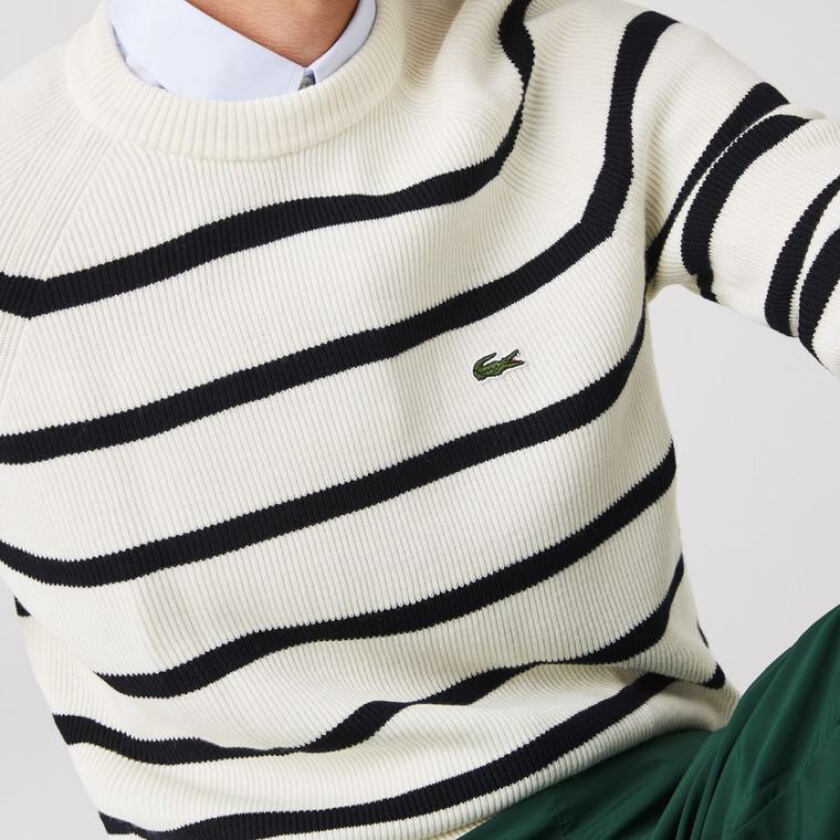 Lacoste Crew Neck Striped Ribbed Wool Moletom Branco Azul Marinho Azuis | bmzsOpSX