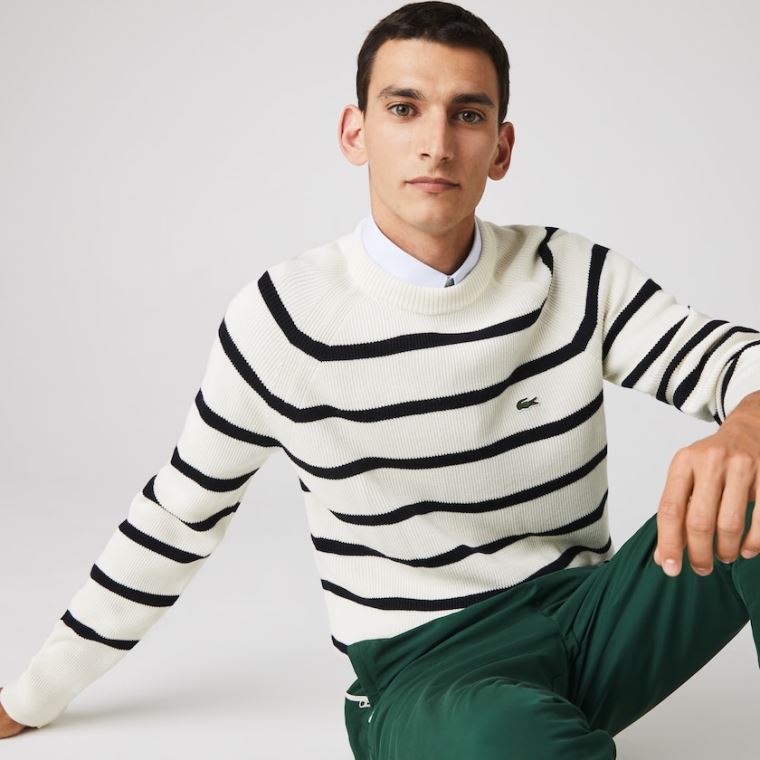 Lacoste Crew Neck Striped Ribbed Wool Moletom Branco Azul Marinho Azuis | bmzsOpSX