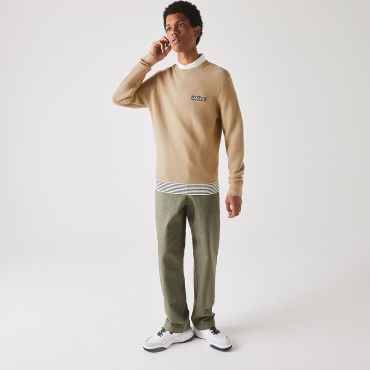 Lacoste Crew Neck Textured Wool And Algodão Moletom Bege Branco Azul Marinho Azuis | HXbGg2lu