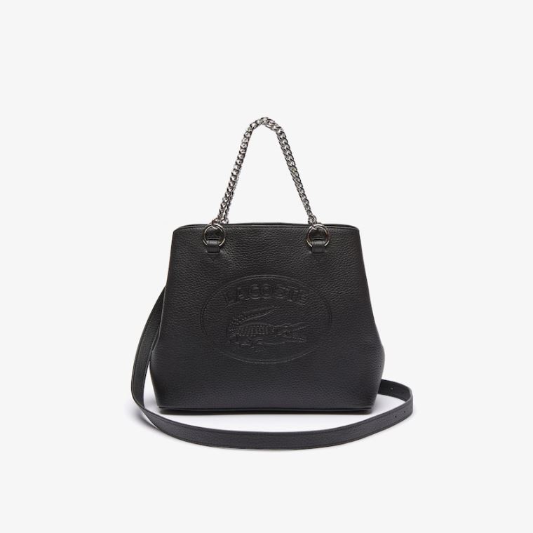 Lacoste Croco Crew Embossed Logo Small Couro Tote Pretas | Qa4bBcAB