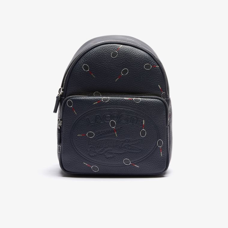 Lacoste Croco Crew Raquet-Print Small Grained Couro Backpack Pretas | RoRTflJz