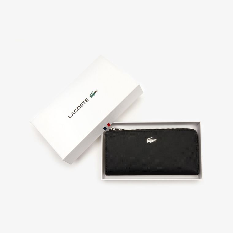 Lacoste Daily Classicos Coated Piqué Lona 10 Card Zip Wallet Pretas | 2KlMknLg