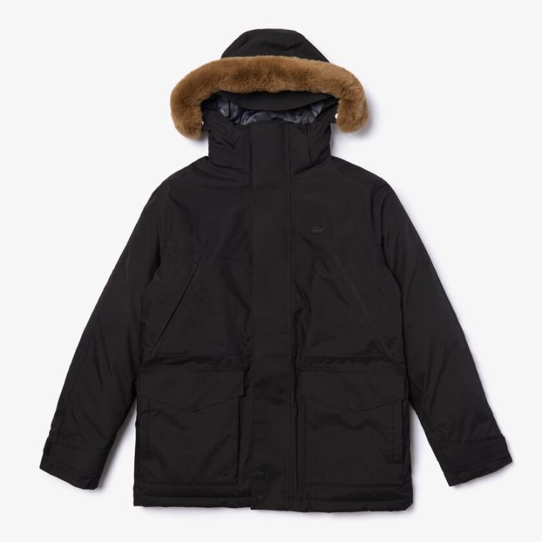 Lacoste Detachable Faux Fur Hood Long Quilted Parka Pretas Cinzentas Escuro | 95UM2eR5