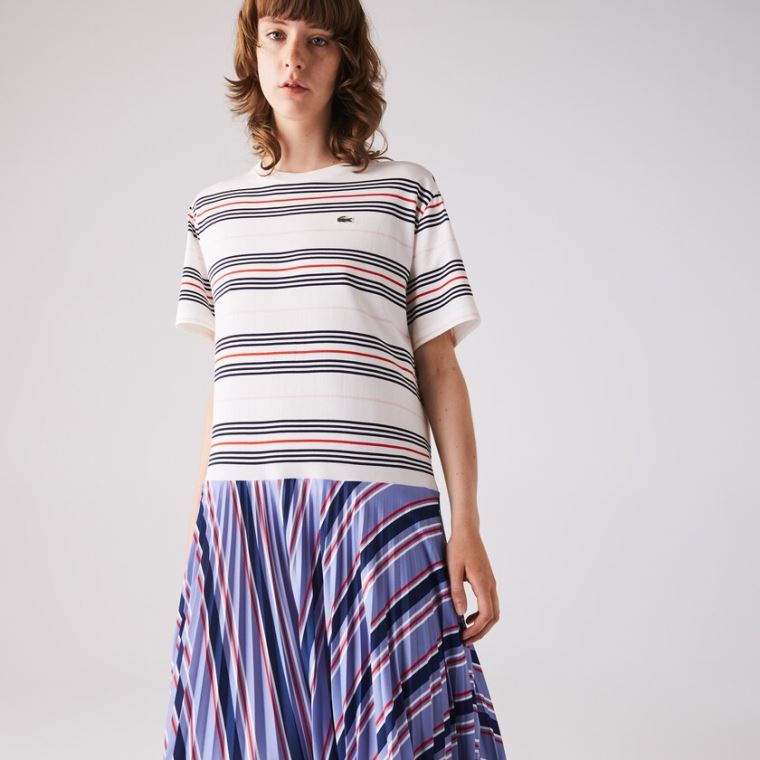 Lacoste Dissimilar Striped Pleated Jersey T-shirt Vestidos Roxo Azul Marinho Azuis Branco Vermelhas Luz Rosa | TXiv7n5F