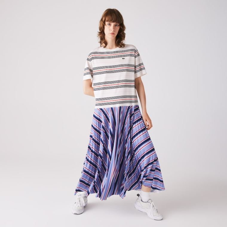 Lacoste Dissimilar Striped Pleated Jersey T-shirt Vestidos Roxo Azul Marinho Azuis Branco Vermelhas Luz Rosa | TXiv7n5F