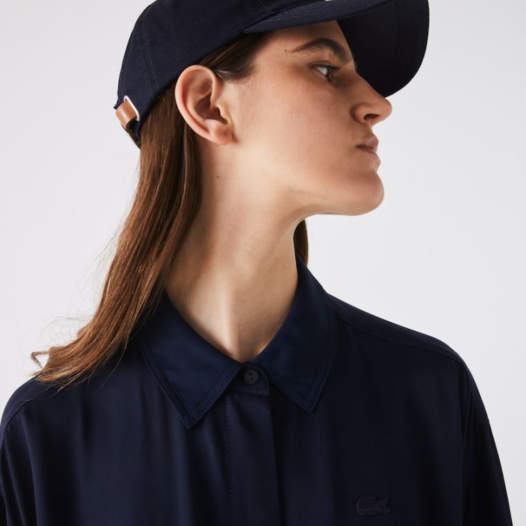 Lacoste Fitted Crepe Shirt Vestidos Azul Marinho Azuis | eAuRceJo