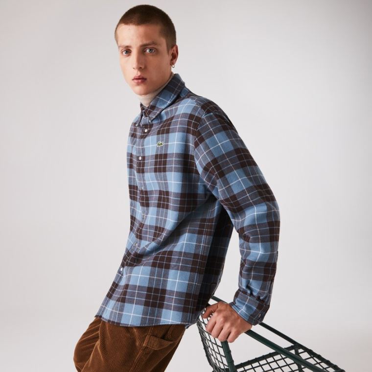 Lacoste LIVE Checked Flannel Forradas Oversized Shirt Azuis Marrom | uW5rf2Bx