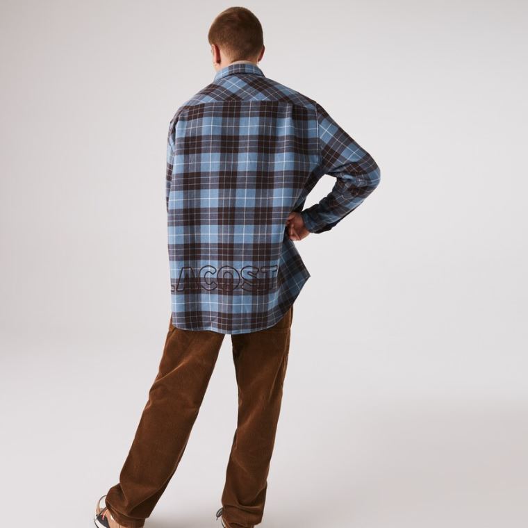 Lacoste LIVE Checked Flannel Forradas Oversized Shirt Azuis Marrom | uW5rf2Bx