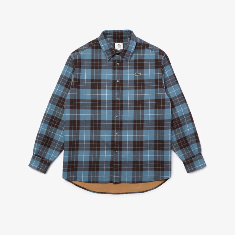 Lacoste LIVE Checked Flannel Forradas Oversized Shirt Azuis Marrom | uW5rf2Bx