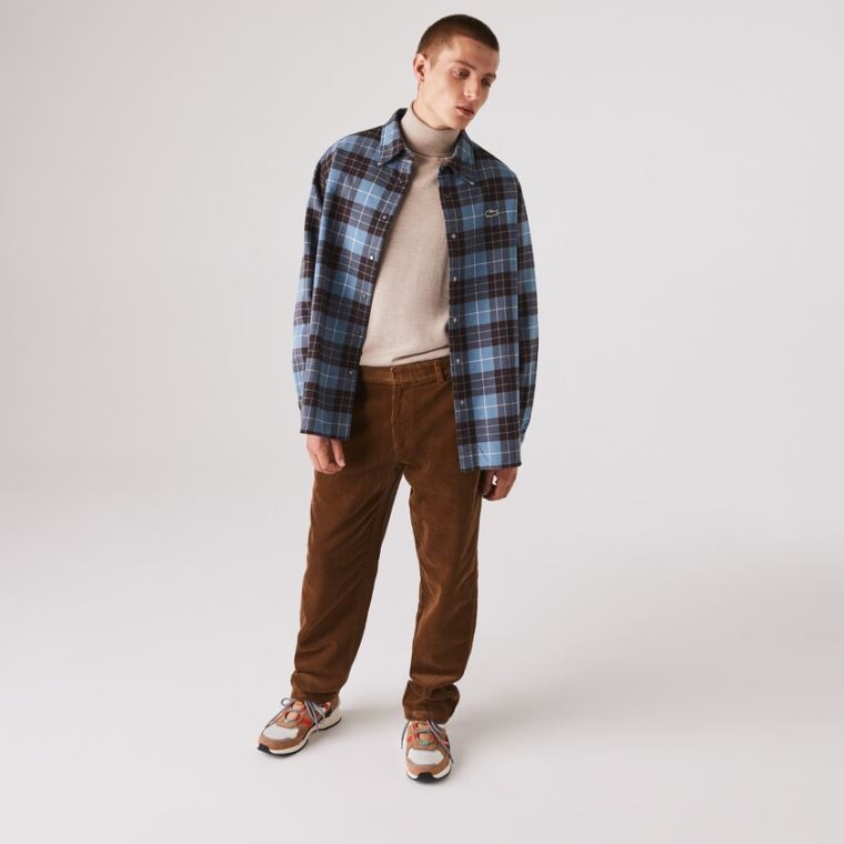 Lacoste LIVE Checked Flannel Forradas Oversized Shirt Azuis Marrom | uW5rf2Bx