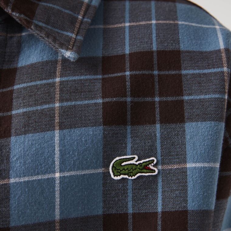 Lacoste LIVE Checked Flannel Forradas Oversized Shirt Azuis Marrom | uW5rf2Bx