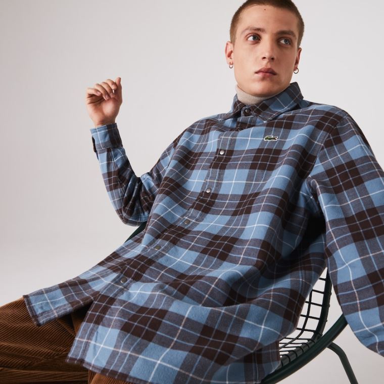 Lacoste LIVE Checked Flannel Forradas Oversized Shirt Azuis Marrom | uW5rf2Bx