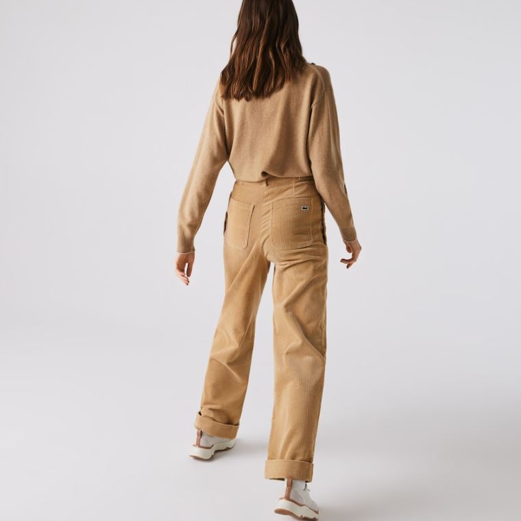 Lacoste LIVE High-Waisted Loose Ribbed Velvet Pants Bege | 9ZaUfR92