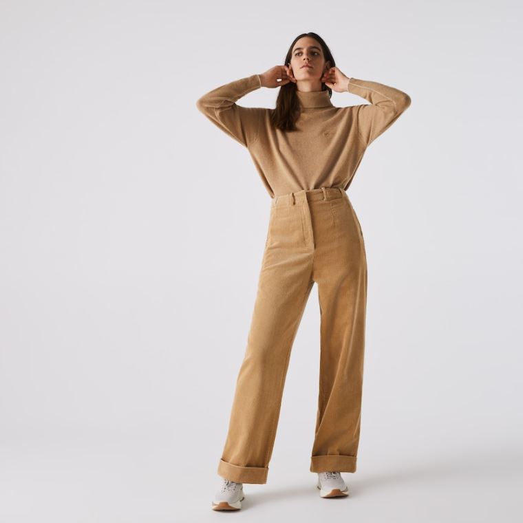 Lacoste LIVE High-Waisted Loose Ribbed Velvet Pants Bege | 9ZaUfR92