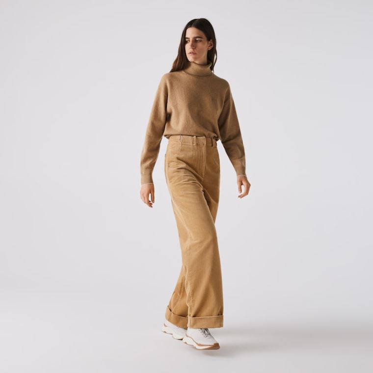 Lacoste LIVE High-Waisted Loose Ribbed Velvet Pants Bege | 9ZaUfR92