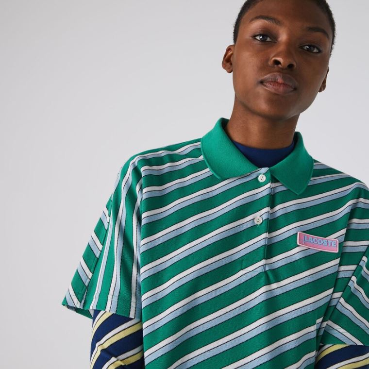 Lacoste LIVE Loose Fit Badge Striped Algodão Piqué Polo Shirt Verdes Branco | SaUvkUxL