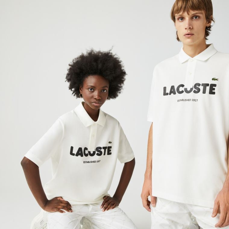 Lacoste LIVE Loose Fit Branded Algodão Piqué Polo Shirt Branco Pretas | f7BcN8NO