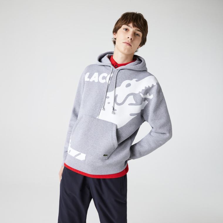 Lacoste LIVE Loose Fit Encapuzado Print Fleece Sweatshirt Cinzentas Branco | un3oslWJ