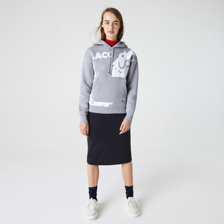 Lacoste LIVE Loose Fit Encapuzado Print Fleece Sweatshirt Cinzentas Branco | un3oslWJ