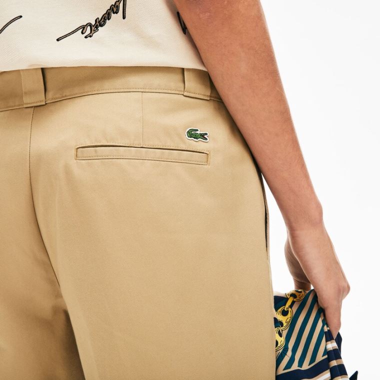 Lacoste LIVE Pleated Algodão Calça Chino Bege | AUwHtnmx