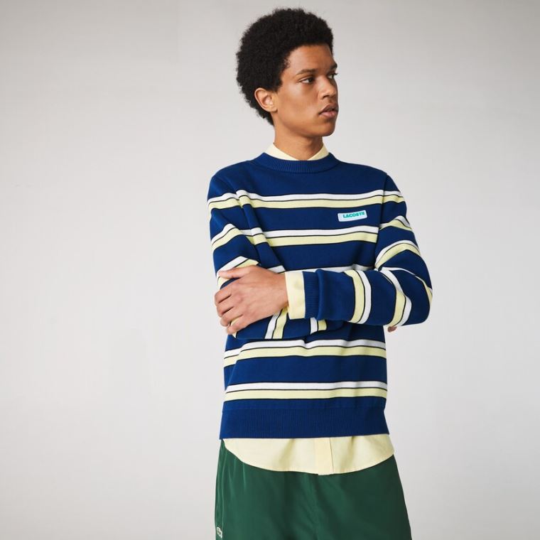 Lacoste LIVE Striped Algodão Crew Neck Moletom Azuis Branco | Gbusay2n