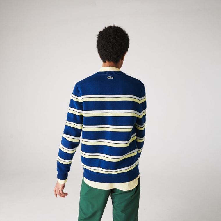 Lacoste LIVE Striped Algodão Crew Neck Moletom Azuis Branco | Gbusay2n